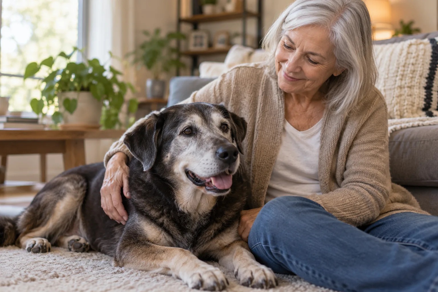 Older adult sitting beside a gray-muzzled dog in a bright living room